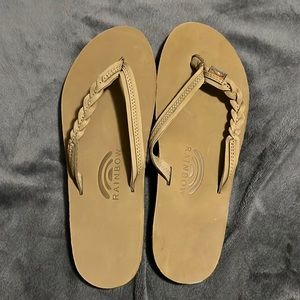 Rainbow braided flip flops